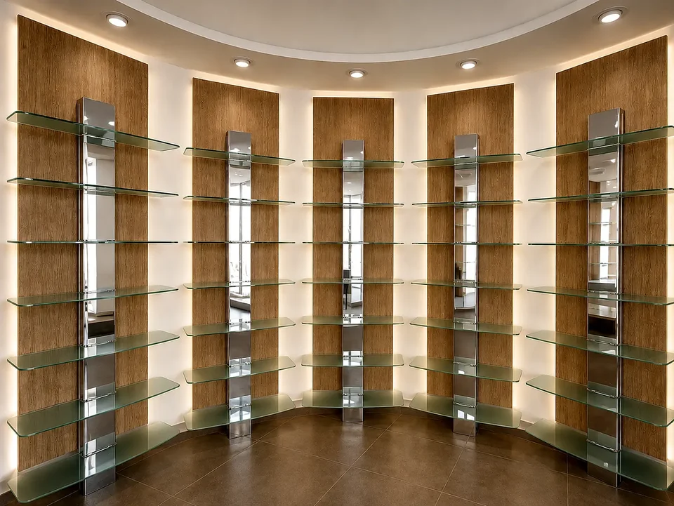 Curved glass shelving on a timber wall
