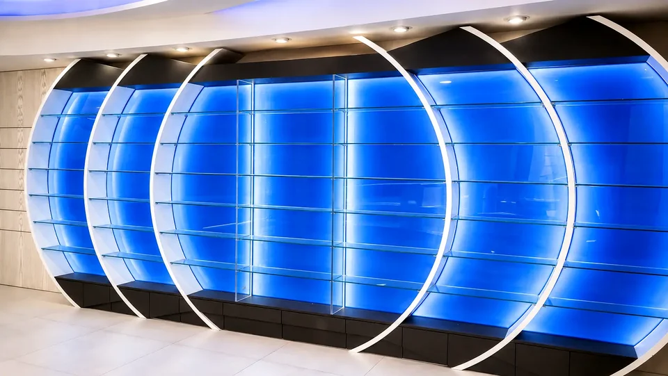 Sculptural blue shelving formed by illuminated rings
