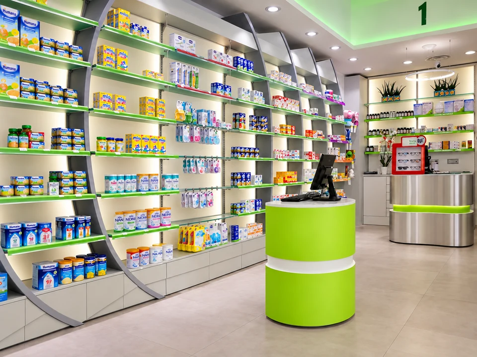 Product shelving with numbered signage and green detail