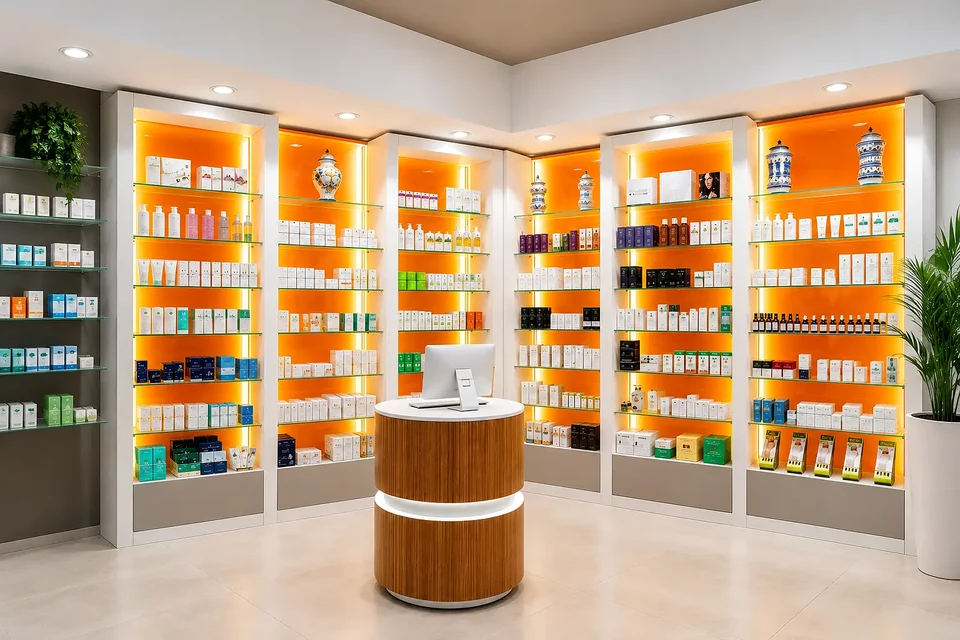 Orange shelving and cylindrical timber island