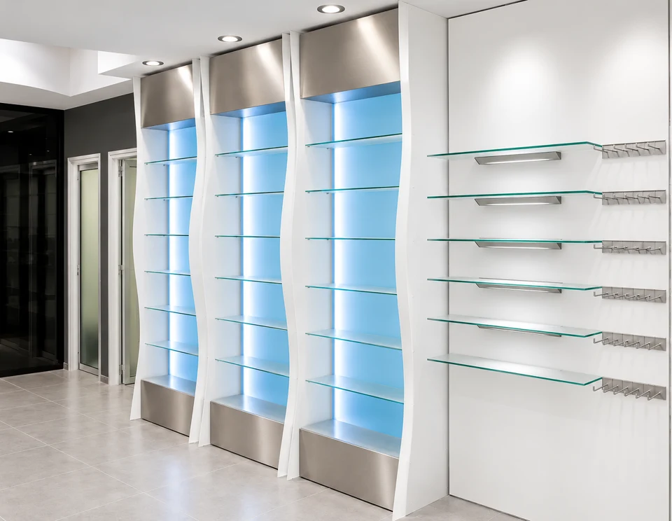 White and pale-blue shelving along the interior route