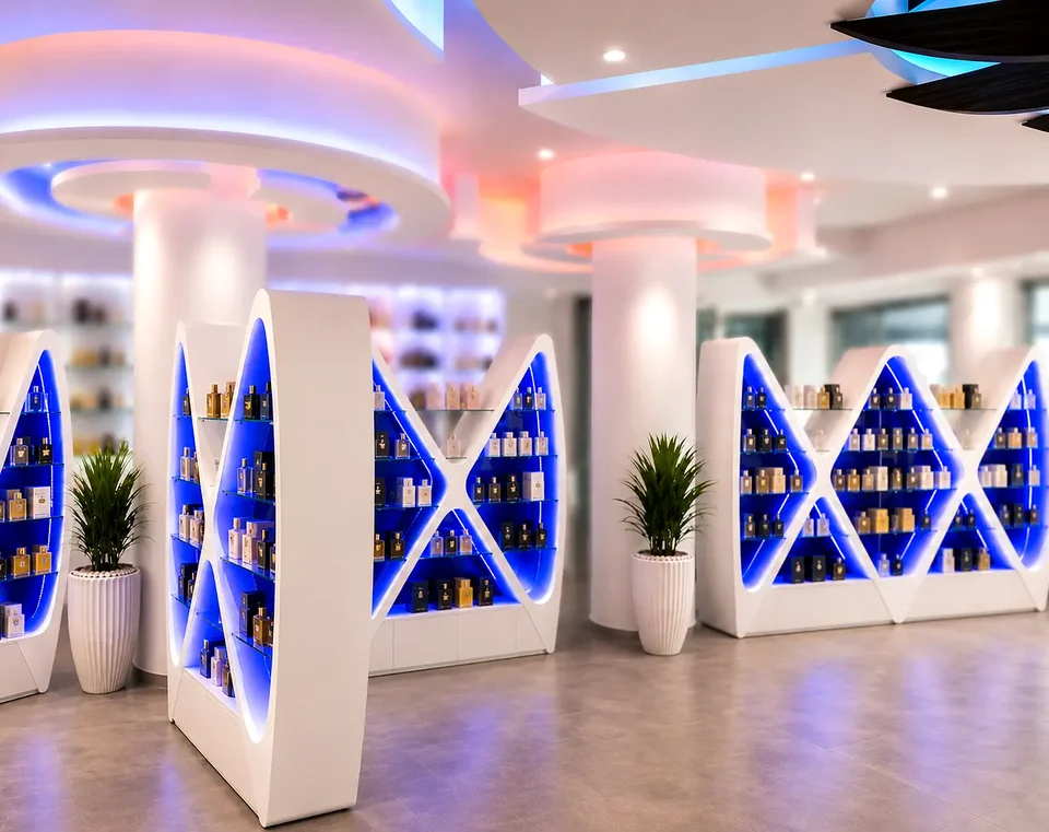 Blue shelving with white geometric structures