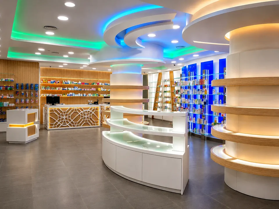 Circular shelving and central island with multicoloured lighting