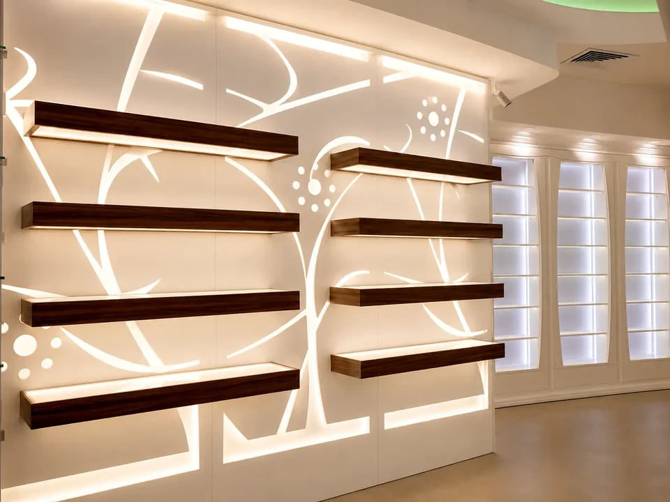 Curved timber shelving with integrated linear lighting