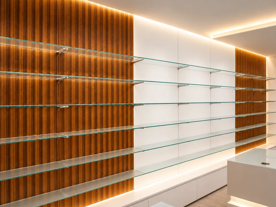 Glass shelving on a timber slat wall
