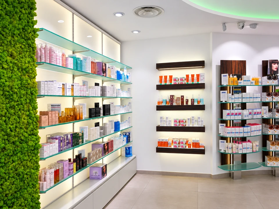 Dermocosmetics shelving with linear lighting
