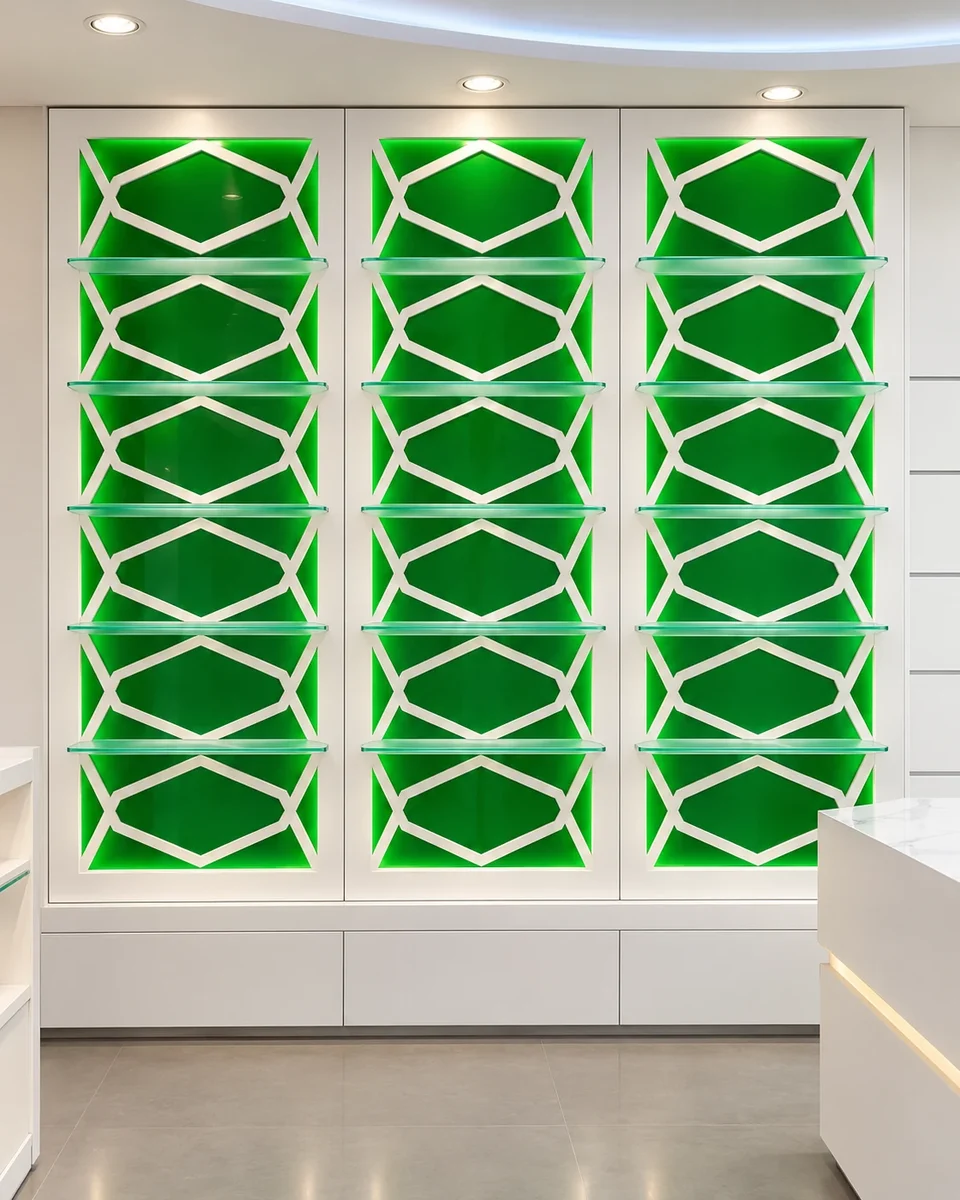 Three green niches with white openwork framing