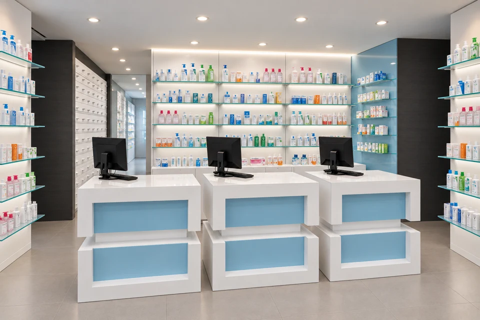 Three counter workstations with pale-blue panels