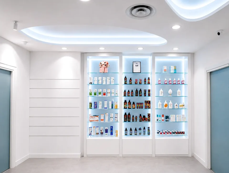 White display cabinet with illuminated products