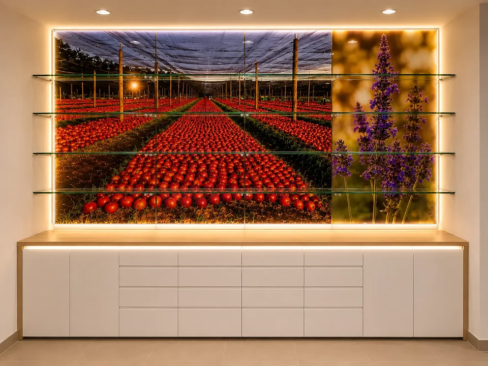Backlit window display with red landscape graphic and display containers