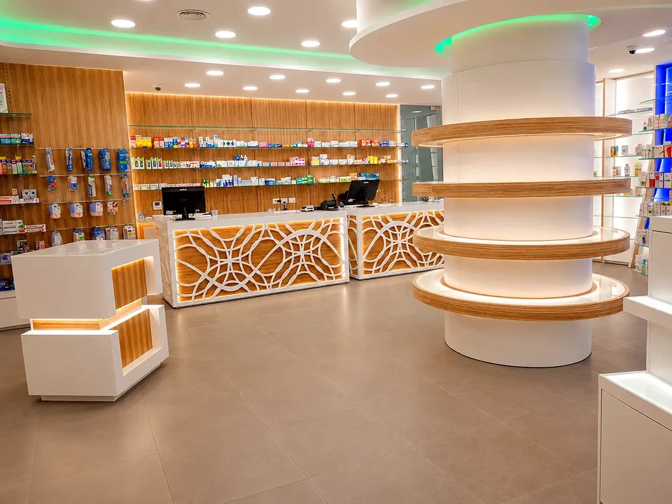 Overall view with perforated counter and curved furniture