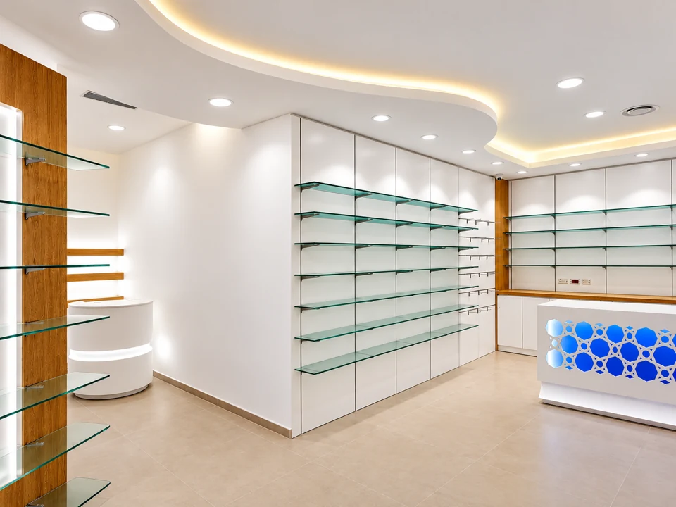 Front view of the pharmacy counter with blue circular decoration