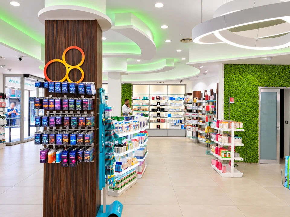 Vista interna di farmacia con controsoffitto verde e isole espositive