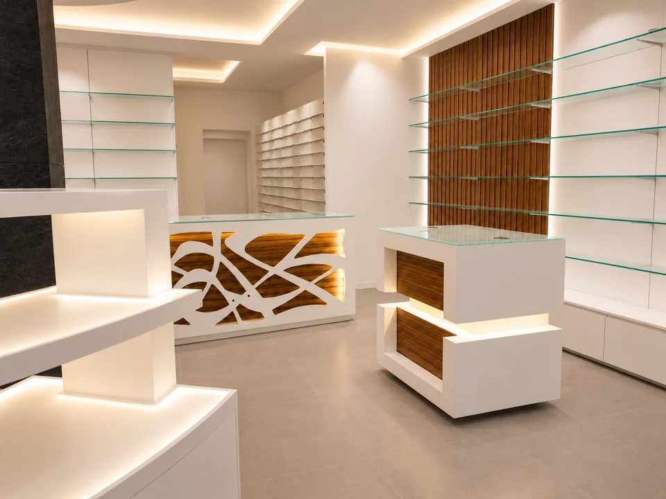 Curves and light: interwoven wood — Oblique view of the central display and perforated counter