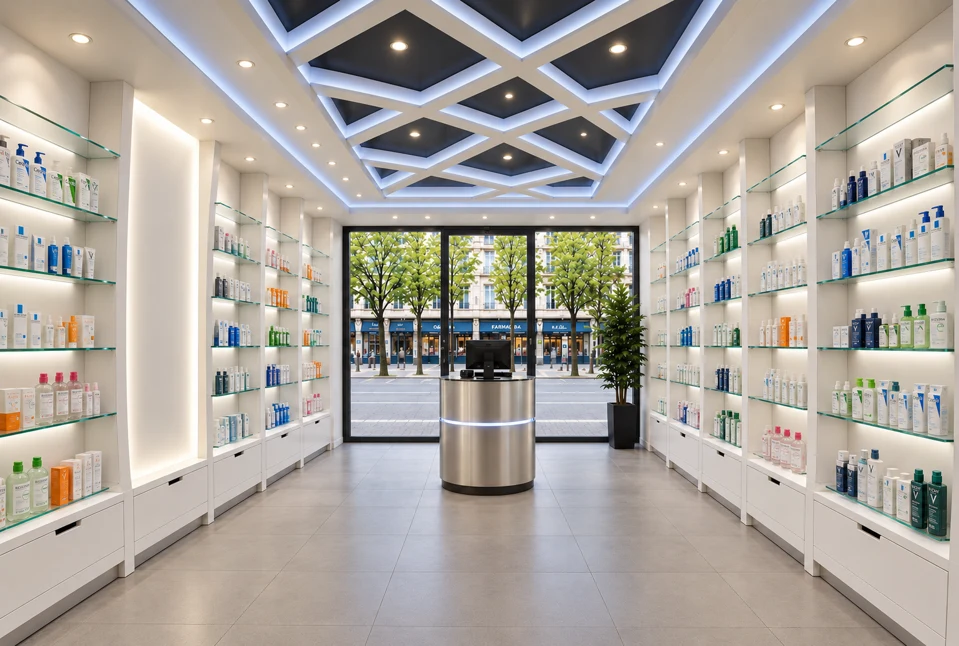 Perspective view of a white pharmacy with a geometric suspended ceiling