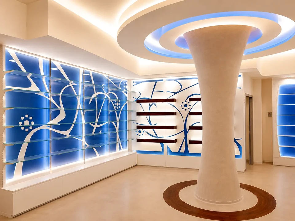 Symmetrical pharmacy view with central column and backlit walls