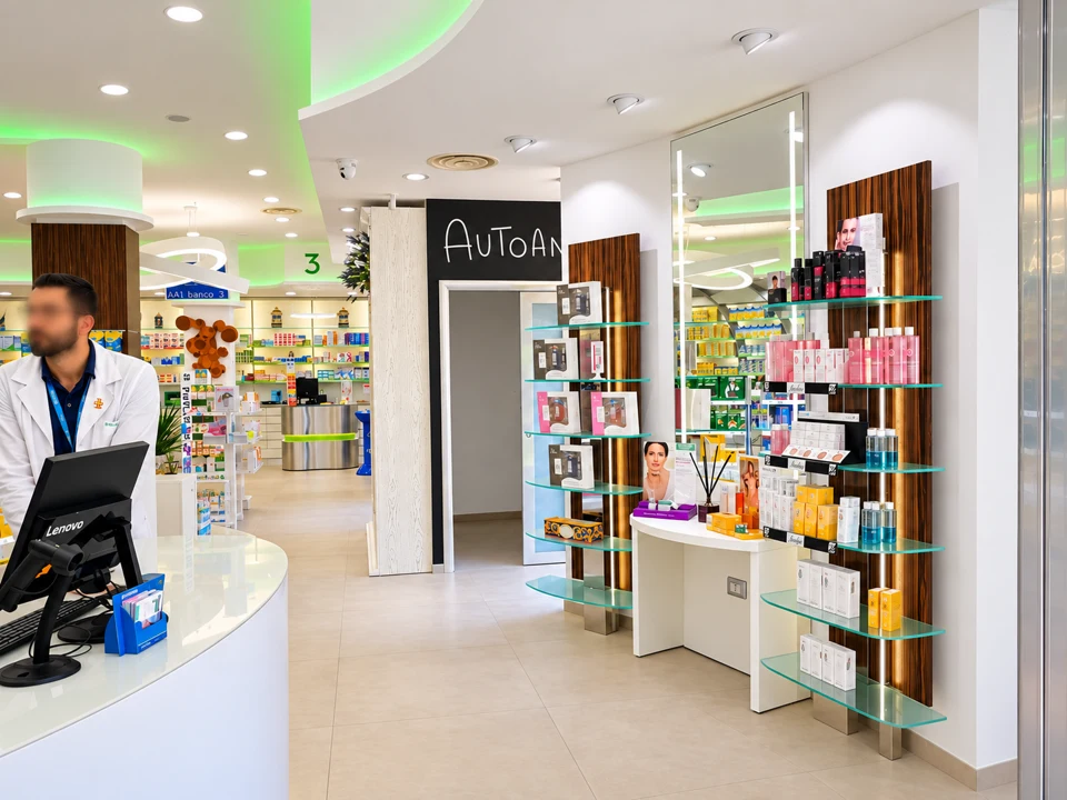 View towards the cosmetics department with central displays