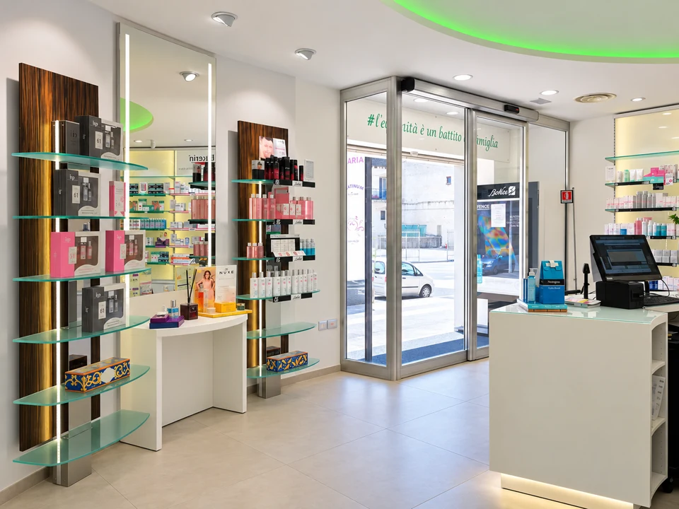 Entrance area with glazed walls and display furniture