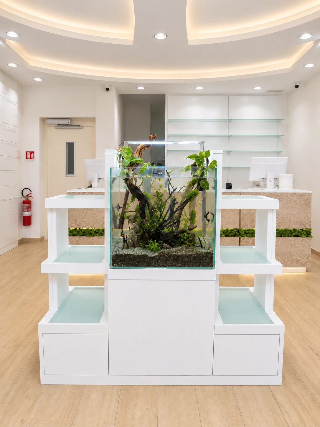 Espositore con acquario, vista frontale