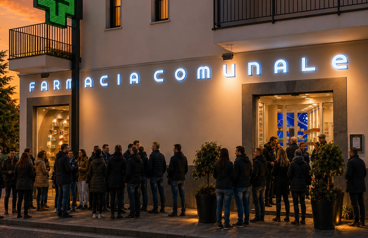 Farmacia Comunale con insegna luminosa e persone davanti all’ingresso
