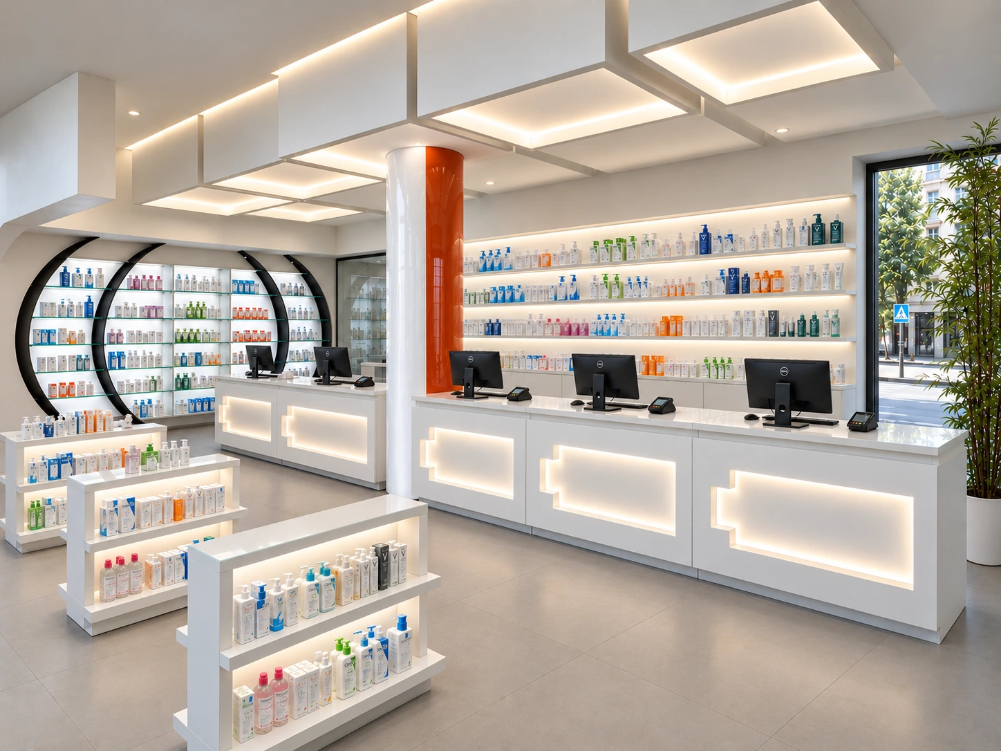Banchi e colonna all’interno di una farmacia.