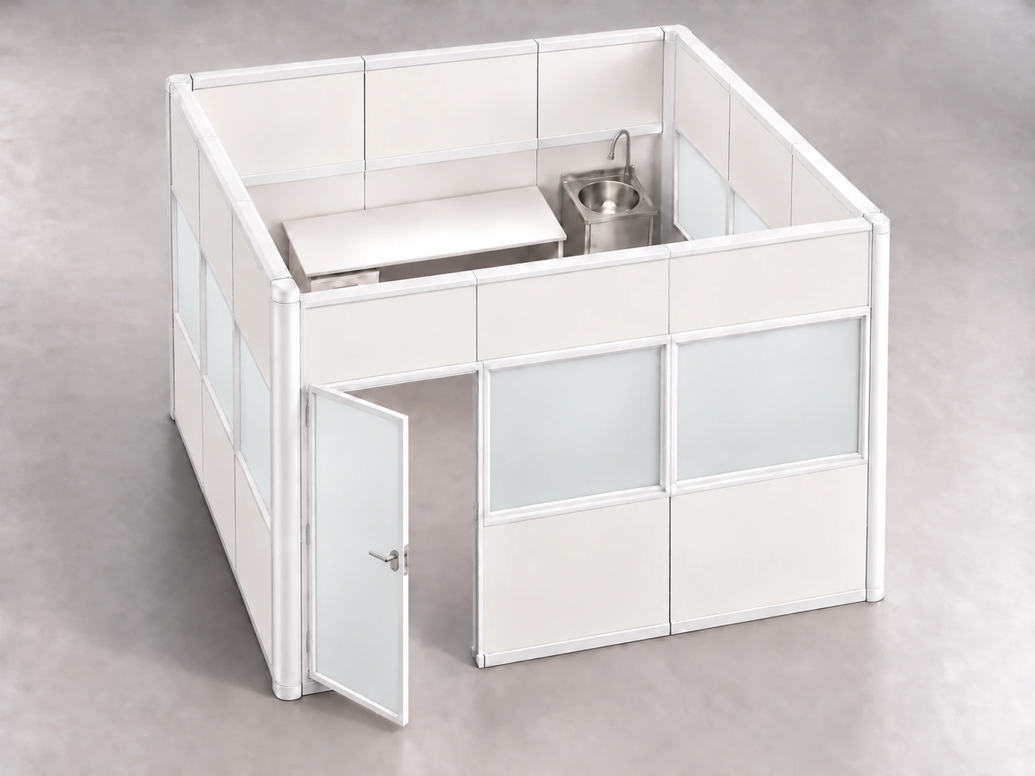 INNBOX-5 con profili bianchi, vetri bianco opalino traslucidi e pannelli superiori bianchi, banco a parete, cassettiera e lavamani.